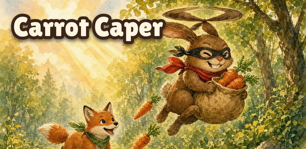 Carrot Caper: a bandit bunny flying through a painted forest, chased by a fox